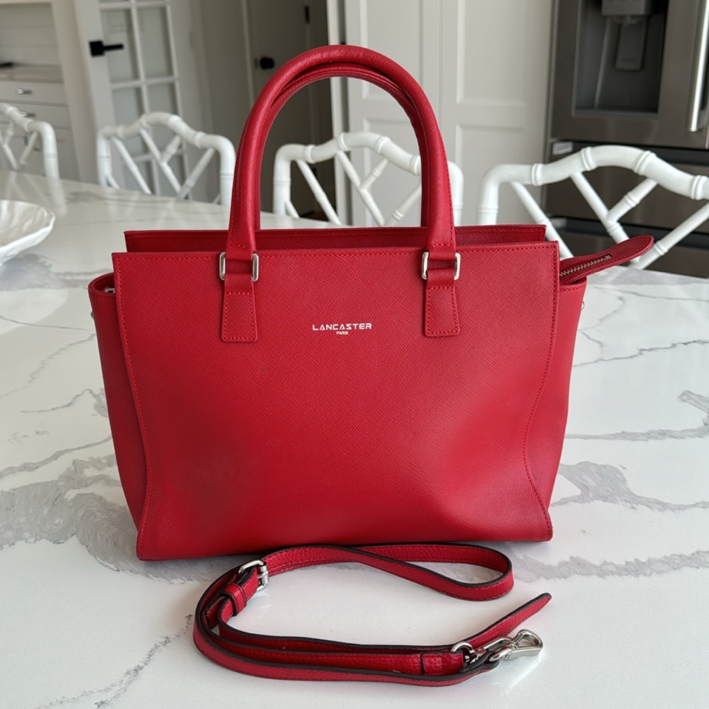 MADE IN FRANCE Lancaster M Bag Adele red satchel crossbody strap saffiano $229 - Picture 4 of 16